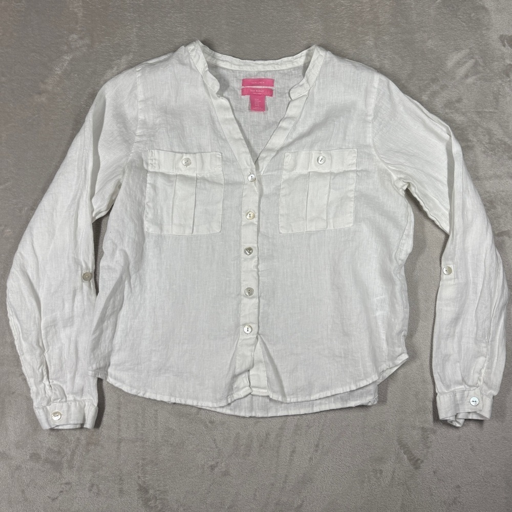 Isaac Mizrahi 100% Linen Button Front Long Sleeves Chest Pockets Blouse Top M